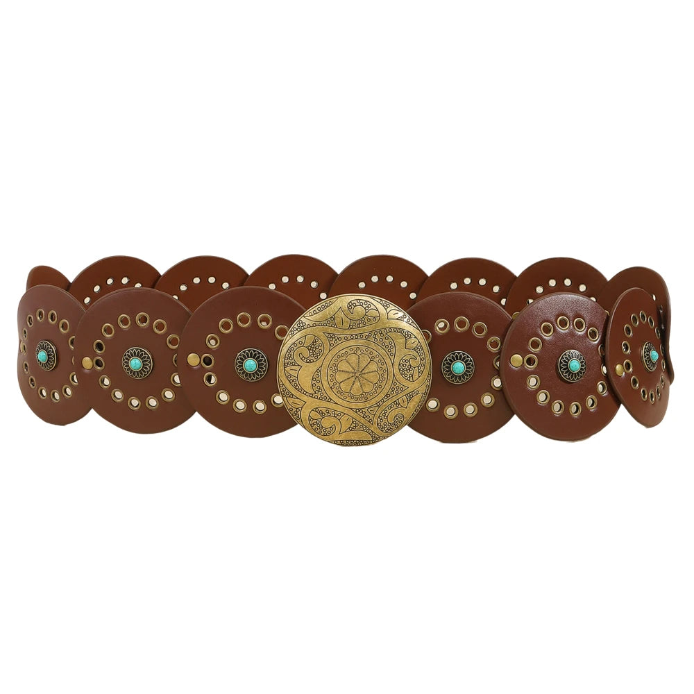 Exaggerated Wide Boho Disc Belt Rivet Turquoise Carved Buckle Waist Belt Adjustable Alloy Western Leather Waistband Cowgirl