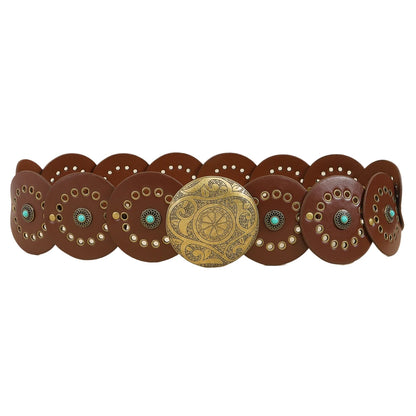 Exaggerated Wide Boho Disc Belt Rivet Turquoise Carved Buckle Waist Belt Adjustable Alloy Western Leather Waistband Cowgirl