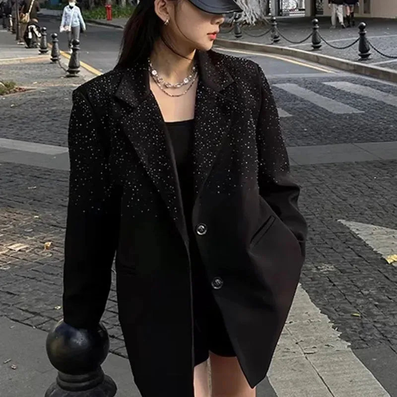 Senior Heavy Industry Suit Jacket Women 2024 Spring Autumn New Korean Version Rhinestone Western Style Blazer Coat Female Tops