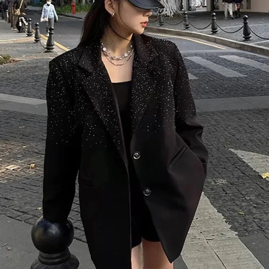 Senior Heavy Industry Suit Jacket Women 2024 Spring Autumn New Korean Version Rhinestone Western Style Blazer Coat Female Tops