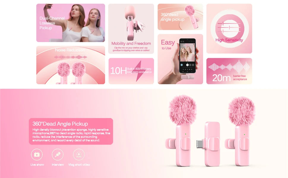 Pink Wireless Lavalier Lapel Microphone for iPhone iPad Vlogging Video Recording Mic for Live Interview Podcast Mic for Girl