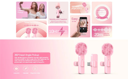 Pink Wireless Lavalier Lapel Microphone for iPhone iPad Vlogging Video Recording Mic for Live Interview Podcast Mic for Girl