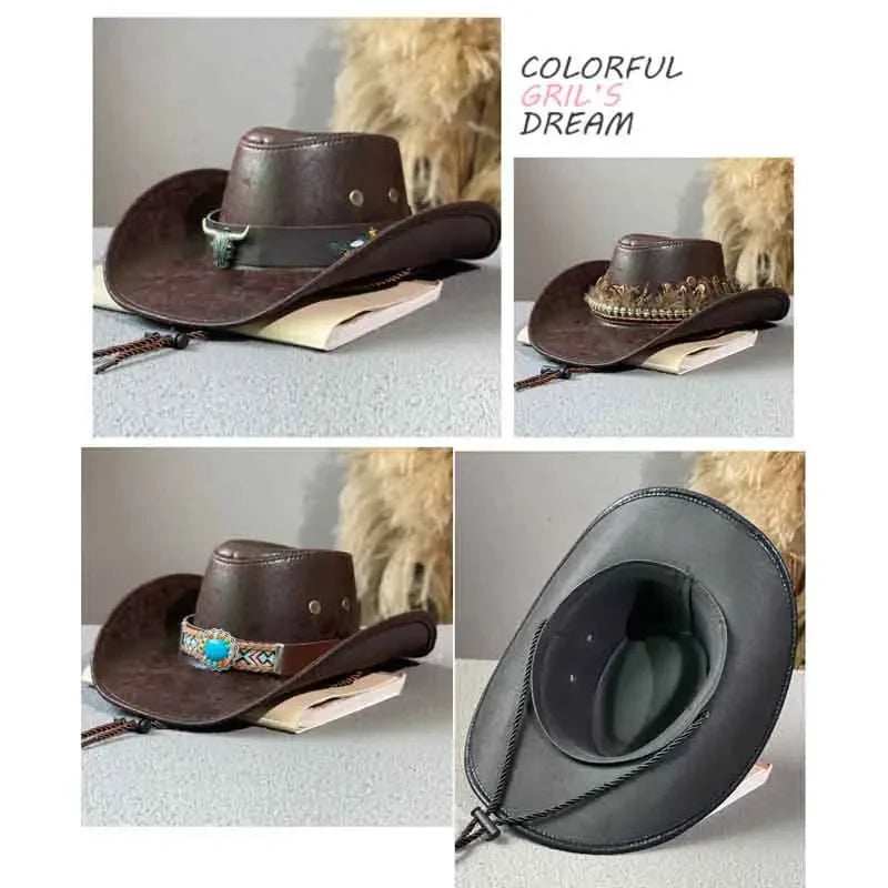 Fashion High Quality Retro Cow Head Decorate Western Cowboy Hat Faux Leather Gentleman Jazz Hats Men Panama Cowgirl Hat