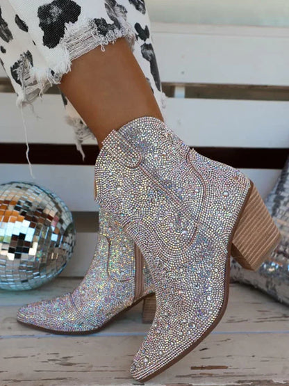 Western Cowboy Boots Fashion Women Ankle Boots Glitter Bling Shiny Trend High Heels High Quality Shoes