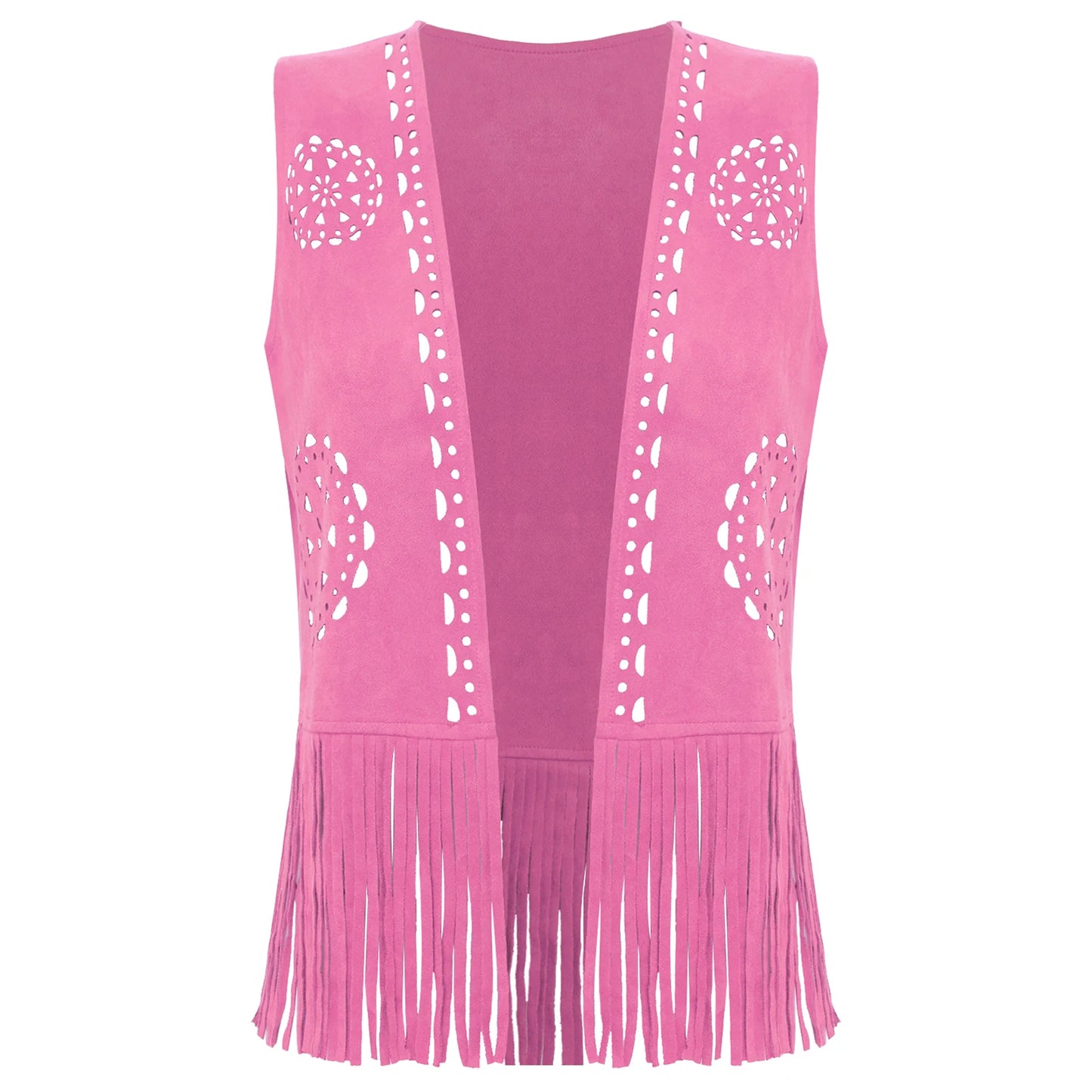 Womens Western Cowgirl Fringe Hippy Cosplay Costume 70s Disco Vest Vintage Hollow Out Tassel Tank Tops Faux Suede Waistcoat