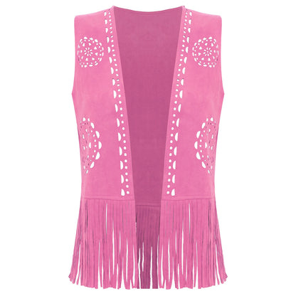 Débardeur vintage à franges style cowgirl hippie style années 70 pour femme, style disco, style années 70, ajouré, pompon, gilet en faux daim