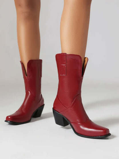 Bottes de cowboy western rétro noires mi-mollet pour femmes, talons hauts épais, chaussures gothiques, grandes tailles 34-48 777-11