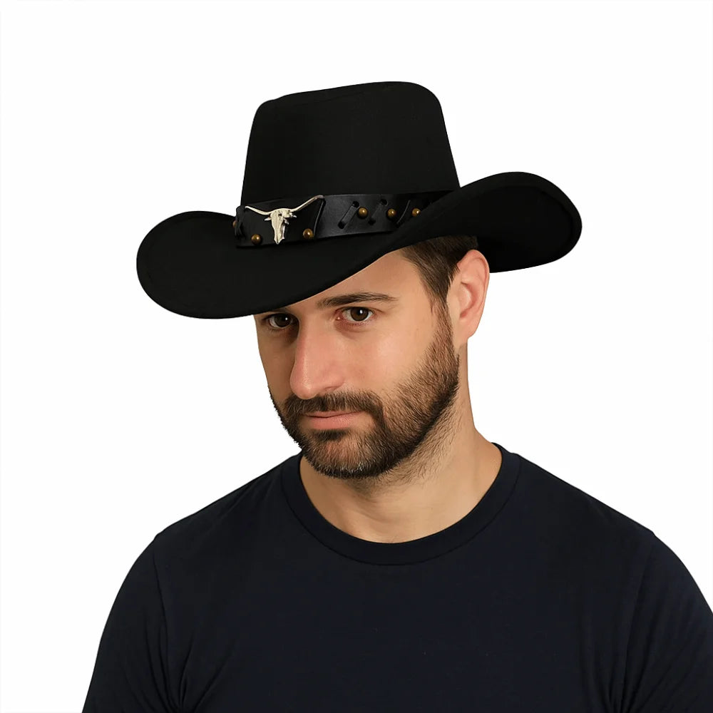 Chapeau de Cowboy occidental de Style ethnique Vintage, tête de vache à bord en rouleau, chapeau de Jazz en Polyester à large bord, chapeau de chevalier Cosplay