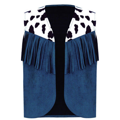 Kids Child Halloween Western Cowboy Cowgirl Cosplay Costume Cow Print Tassels Vest and Flared Pants Set Carnival Party Dress Up