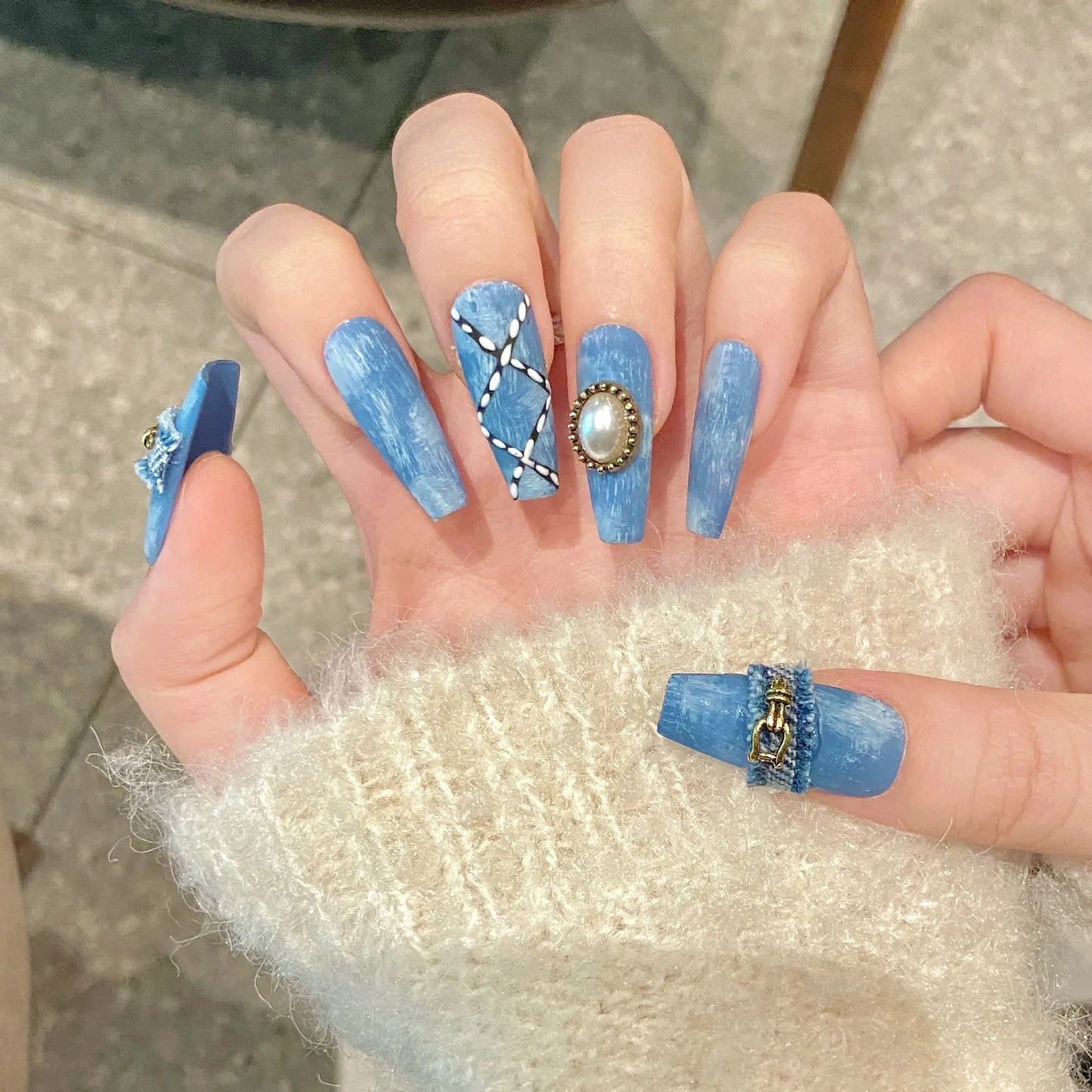 10Pcs Blue Handmade Press on Nails Cowboy Style Fake Nails Wearable Stick-on Nails Full Cover False Nail Uñas Накладные Ногти