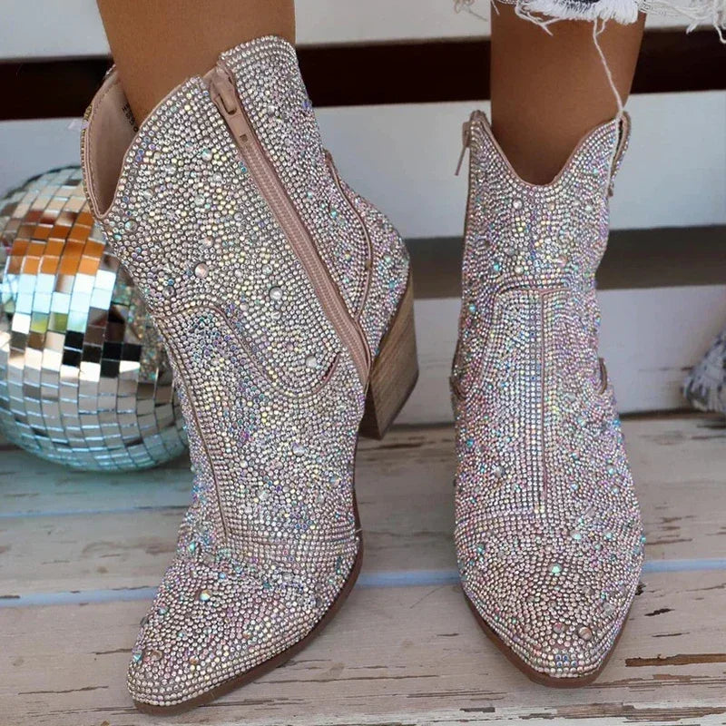 Western Cowboy Boots Fashion Women Ankle Boots Glitter Bling Shiny Trend High Heels High Quality Shoes
