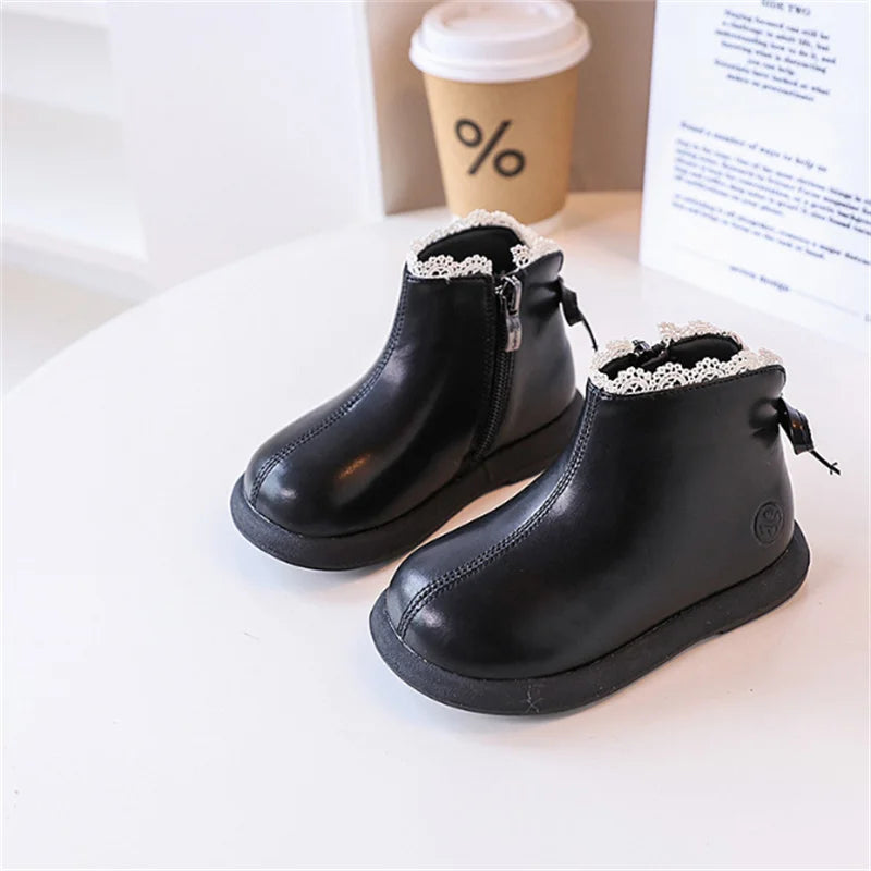 2024 New Autumn Children Boots Leather Girls Ankle Boots  Lace Butterfly-knot  Rubber Sole Fashion Toddler Kids Boots EU 21-30