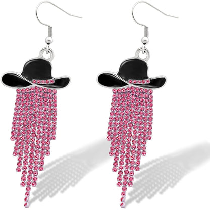 Western Cowgirl Dangle Earrings Enamel Hat Sparkly Rhinestone Tassel Pendant Prom Country Concerts Rodeo Cowboy Women Jewelry