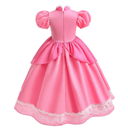 Peach Princess Costume with LED Color Light Toddler Birthday Game Role Play Dress Girl Halloween Festival Gown Pink Lace 2-9 Y C