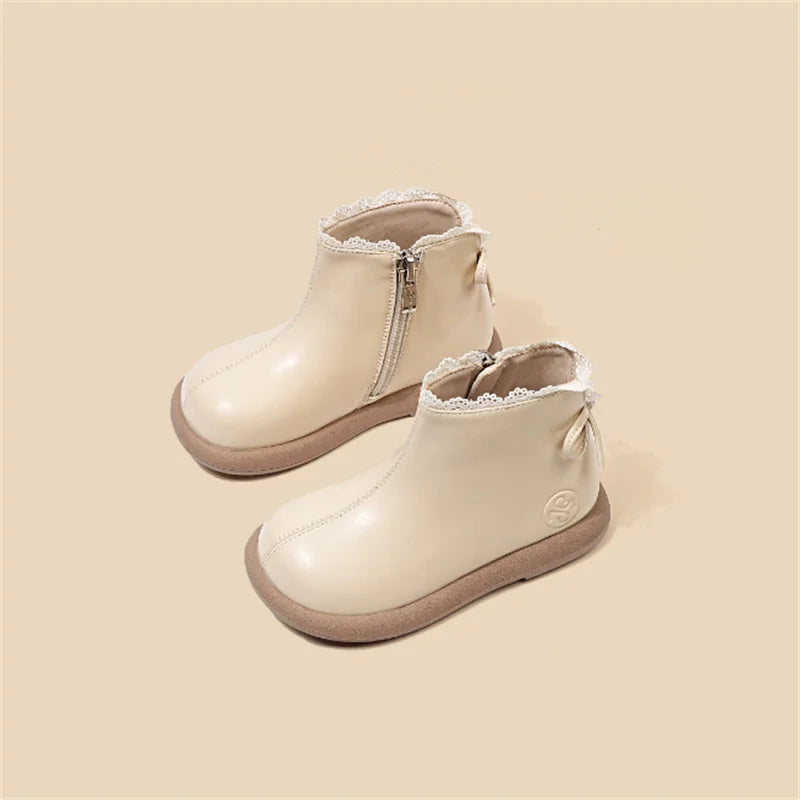 2024 New Autumn Children Boots Leather Girls Ankle Boots  Lace Butterfly-knot  Rubber Sole Fashion Toddler Kids Boots EU 21-30