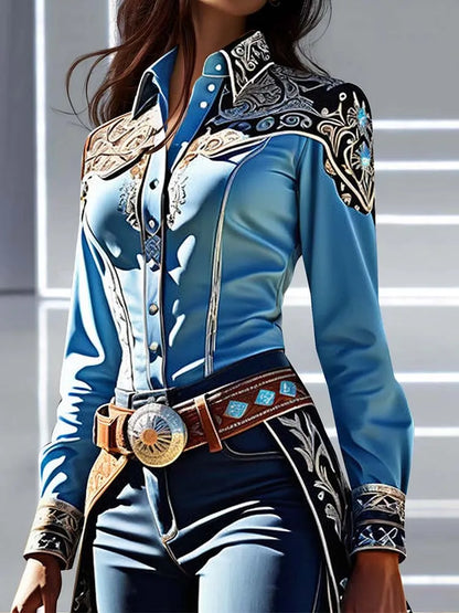 Elegant Chic Women Tops Western Print Shirt Collar Buttons Long Sleeve Blouse Patchwork Slim Waist Office Lady Shirts Blouses