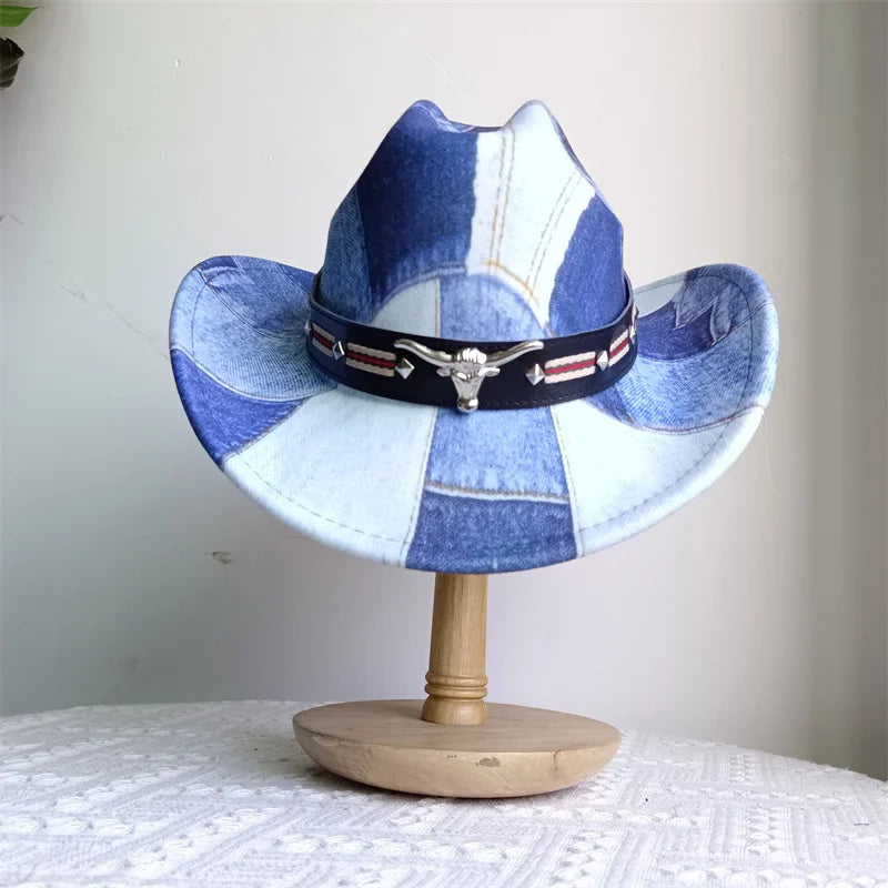 Chapeau de cowboy de style ethnique, tendance, chic, unisexe, couleur unie, avec décoration en forme de taureau, style western