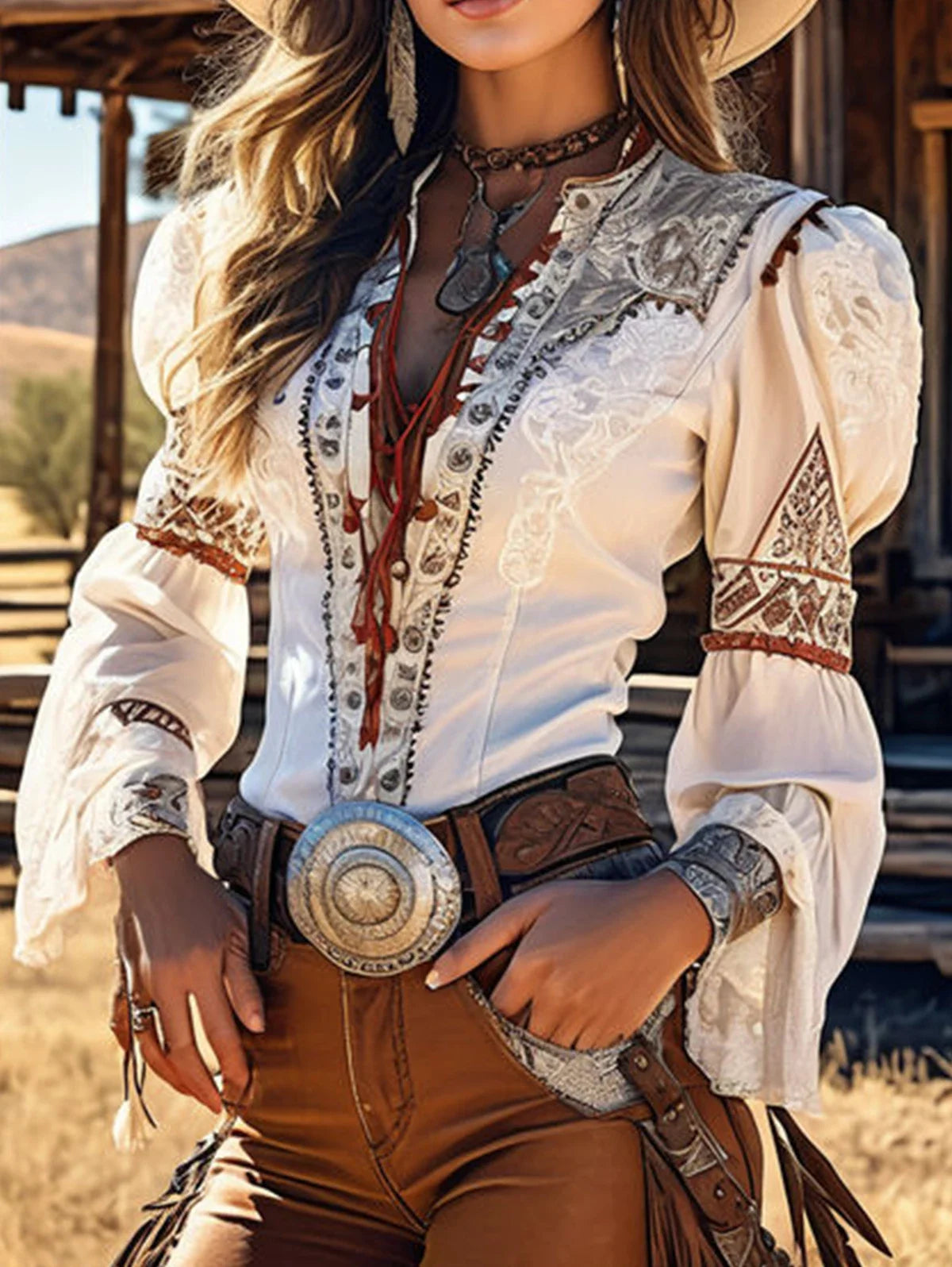 Vintage Western Style Blouse Women Lace-Up Flare Sleeve Boho Cowgirl Top for Summer Music Festival Country Party Outfits