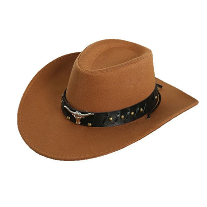 Chapeau de Cowboy occidental de Style ethnique Vintage, tête de vache à bord en rouleau, chapeau de Jazz en Polyester à large bord, chapeau de chevalier Cosplay