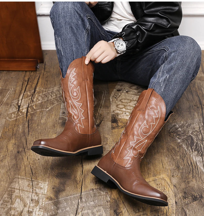 Men Boot 2024 Mid Calf Western Cowboy Motorcycle Boots Male Autumn Outdoor PU Leather Totem Med Heel Fashion Designed Men Boots
