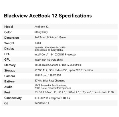 Ordinateur portable Blackview AceBook 12 Win 11 16'' FHD IPS, Intel I5-1030NG7, 16 Go de RAM, 512 Go de SSD, bouton d'alimentation 2 en 1 avec empreinte numérique