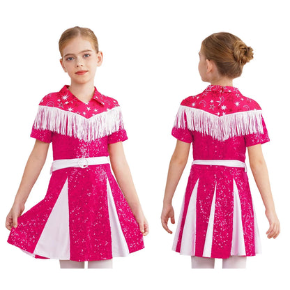 Kids Girls Western Cowgirl Cosplay Costume Fringe Sequin Dress with Cowboy Hat Bandanna Halloween Carnival Theme Party Outfit
