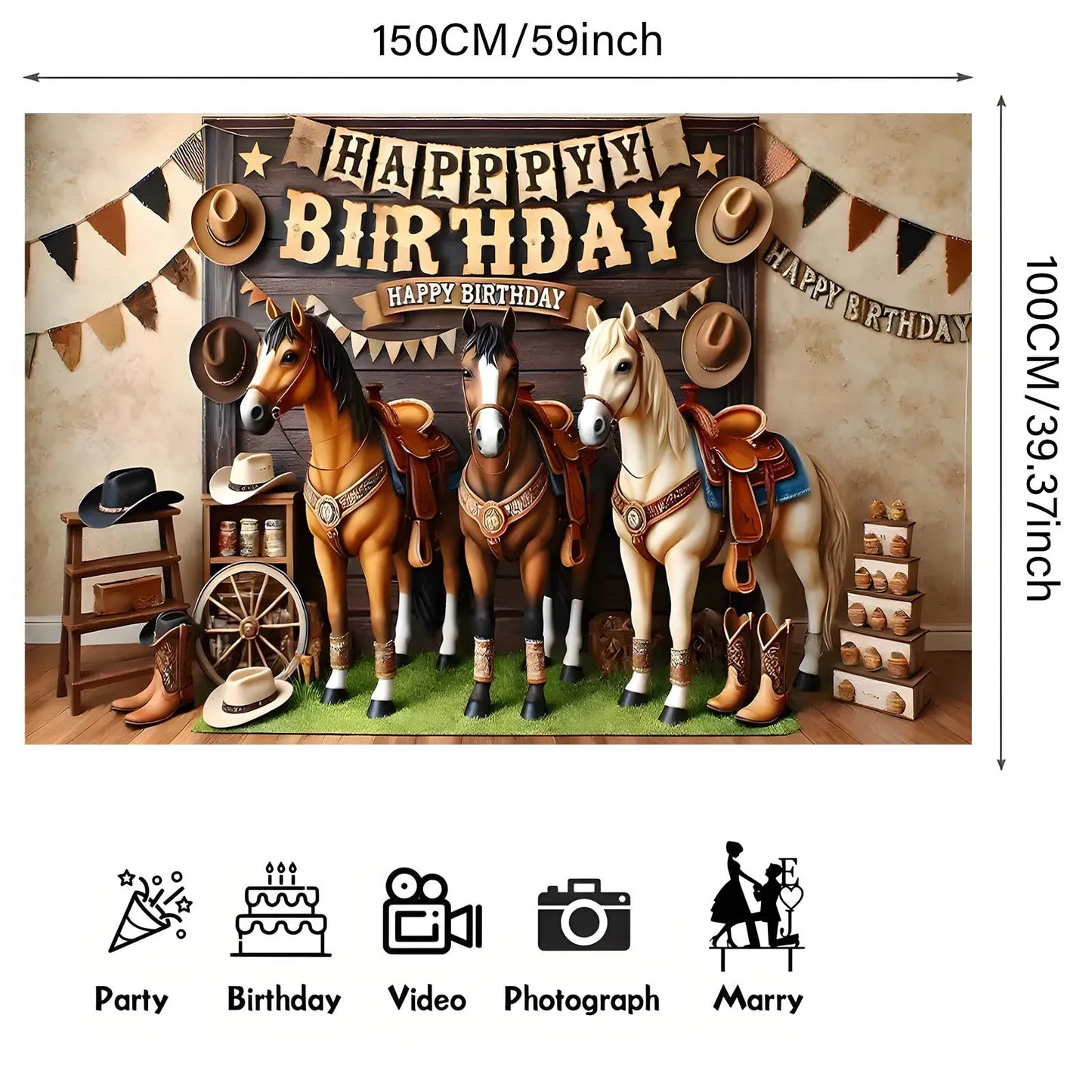 1 "Happy Birthday West" themed background banner - polyester, cowboy and horse print with rustic wood design