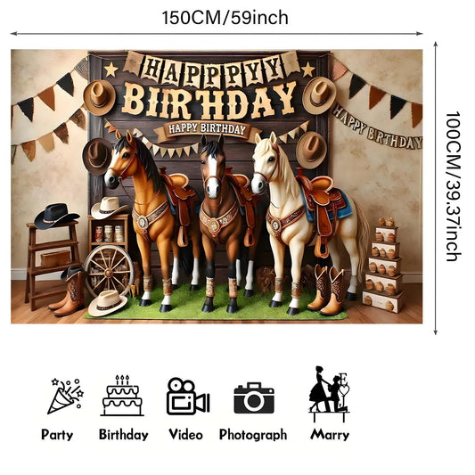 1 "Happy Birthday West" themed background banner - polyester, cowboy and horse print with rustic wood design
