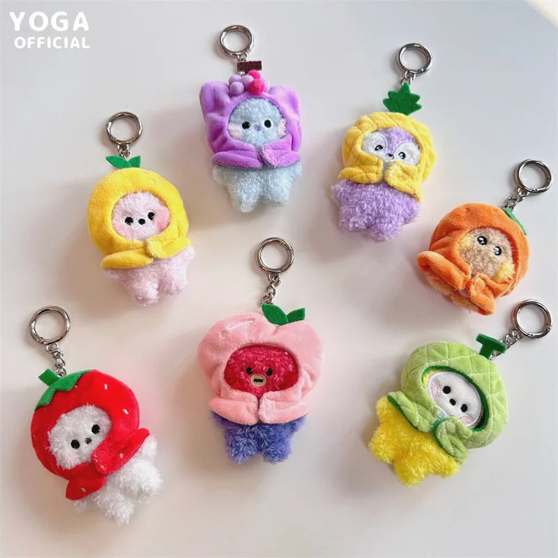 Anime BT21 Plush Pendant Cartoon Tata Koya Doll Keychain Cute Fruit Hood Series Key Chain Wholesale Girl Bag Pendant Gift