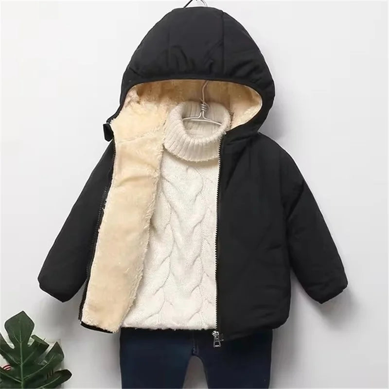 -30℃ Winter Lamb Wool Jackets Baby Girls Plus Velvet Thick Coats Children Hooded Cold Weather Outwear Boys Cotton Clothes 1-6Y