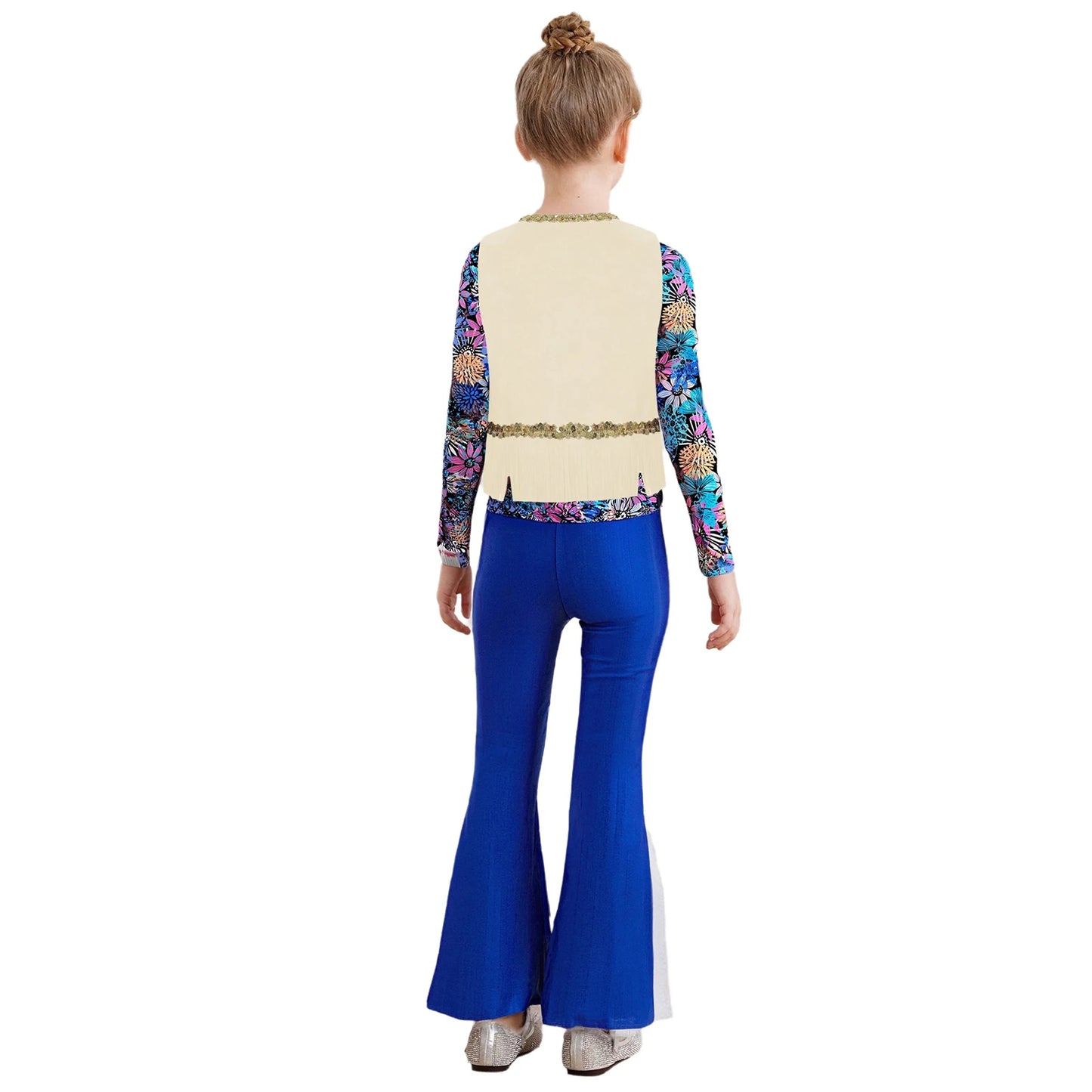 Girls Halloween Disco Hippie Western Cowgirl Carnival Cosplay Costume Printed Shirt Tops with Tassels Vest And Flared Pants Set