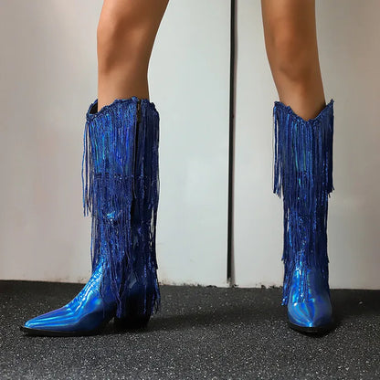 Bottes western à sequins et pompons, noires et argentées, courtes, en peluche, automne/hiver, talon de 6,5 cm, style bohème, hauteur genou, pointures 36 a 46.
