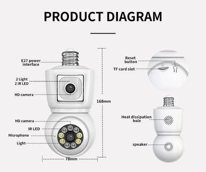 8MP E27 Bulb WiFi Camera 4K Dual Lens Dual Screen Cam Auto Tracking Two Way Audio Night Vision CCTV Security Protection ICSEE
