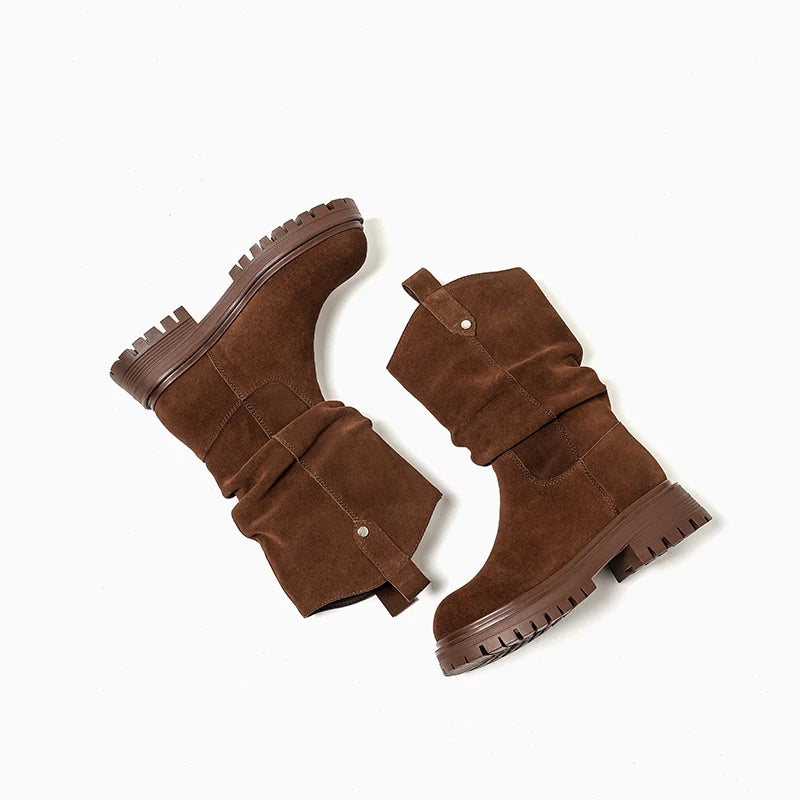 BEAUTODAY Ruched Western Boots Women Cow Suede Leather Rivet Decoration Round Toe Solid Color Autumn Winter Shoes Handmade 06304