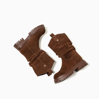 BEAUTODAY Ruched Western Boots Women Cow Suede Leather Rivet Decoration Round Toe Solid Color Autumn Winter Shoes Handmade 06304