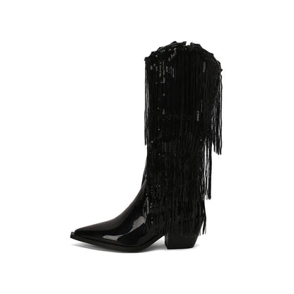 Bottes western à sequins et pompons, noires et argentées, courtes, en peluche, automne/hiver, talon de 6,5 cm, style bohème, hauteur genou, pointures 36 a 46.