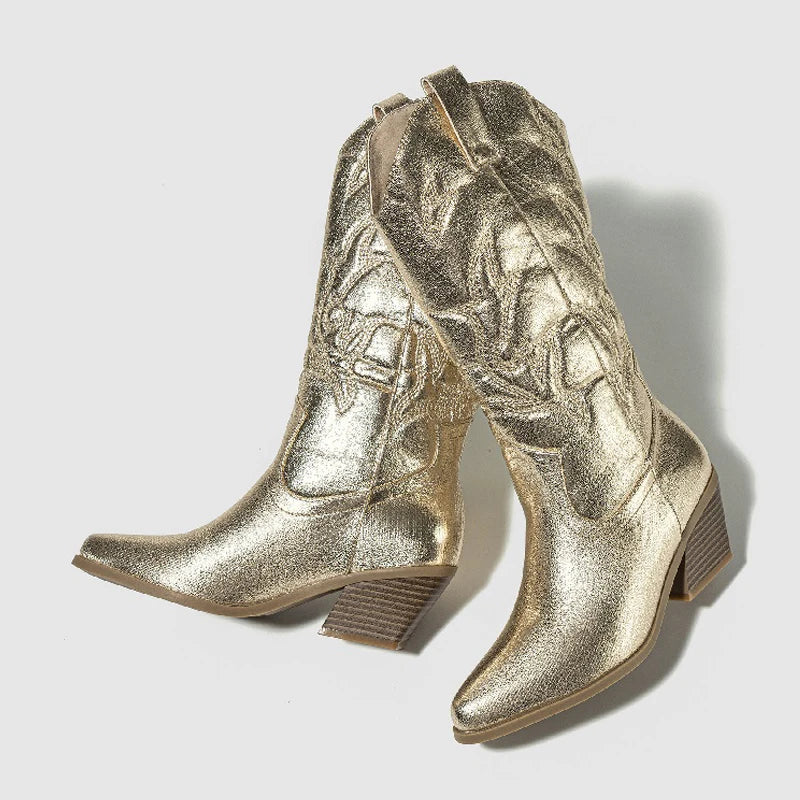 Eilyken Designer Embroidery Knee-High Boots Women Handmade Western Cowboy Booties Street Low Heels Shoes Zapatos De Mujer