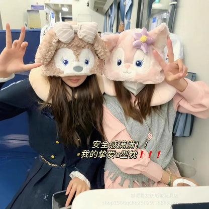 Cartoon plush Stitch Ling Nabelle U-shaped pillow with hooded neck pillow travel car plane office nap artifact girl gifts