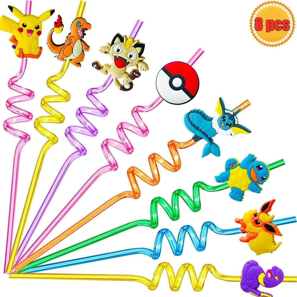 8Pcs/Pack Pokemon Birthday Party Decorations Pikachu Theme Drinking Straws for Kids Baby Shower Cartoon Party Supplies Gift Toys