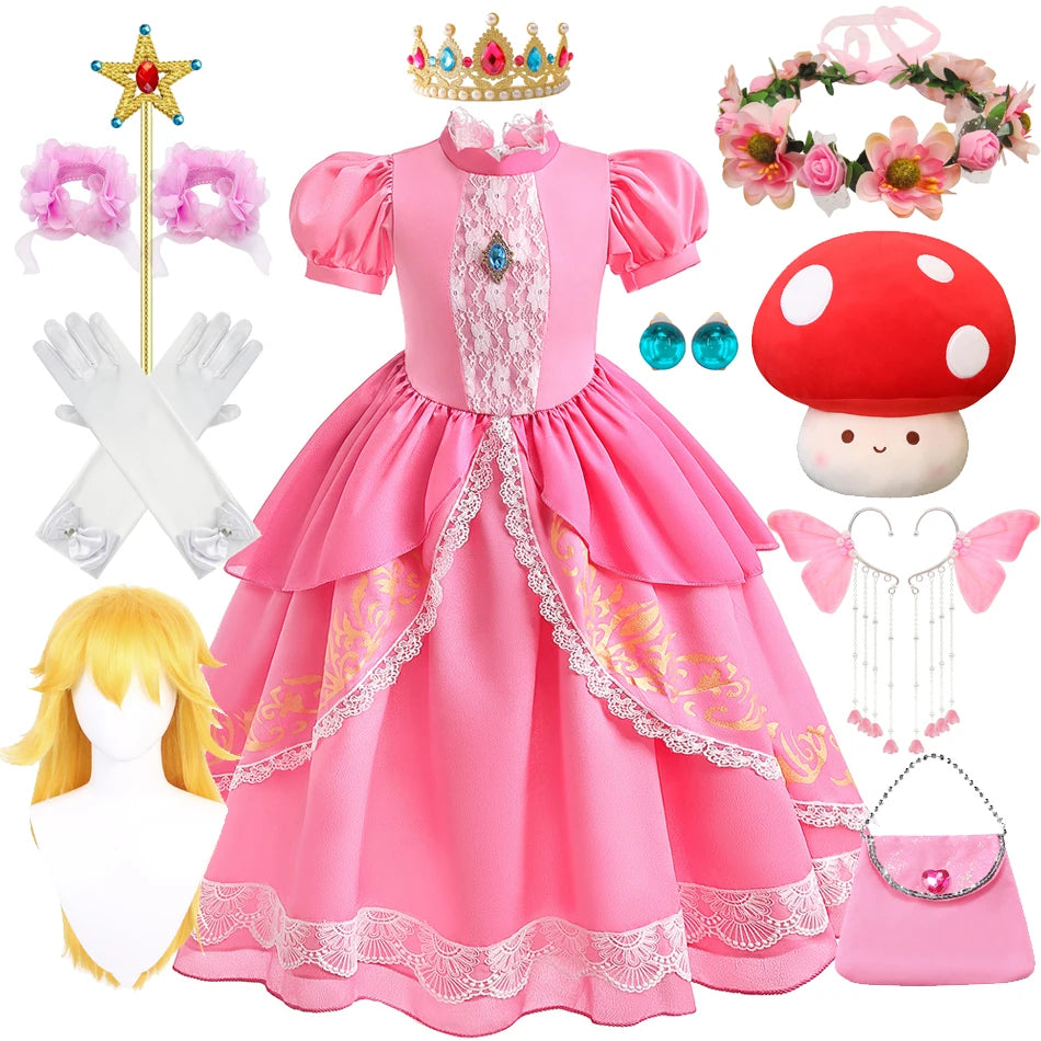 Peach Princess Costume with LED Color Light Toddler Birthday Game Role Play Dress Girl Halloween Festival Gown Pink Lace 2-9 Y C