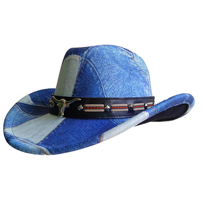 Chapeau de cowboy de style ethnique, tendance, chic, unisexe, couleur unie, avec décoration en forme de taureau, style western