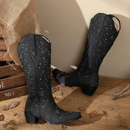 Women Embroidered White Western Cowboy Boots Block Heel Pull-On Pointed Toe Crystal Cowgirl Booties