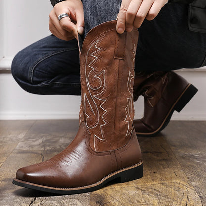 Men Boot 2024 Mid Calf Western Cowboy Motorcycle Boots Male Autumn Outdoor PU Leather Totem Med Heel Fashion Designed Men Boots
