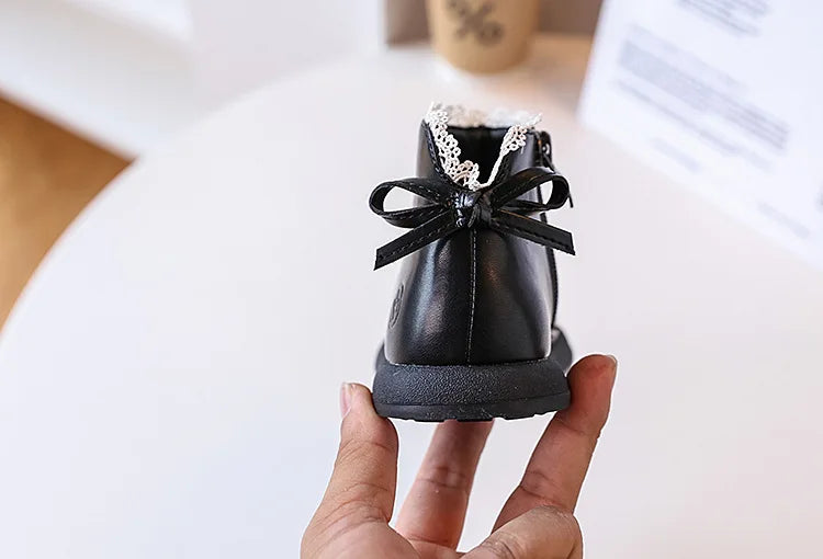 2024 New Autumn Children Boots Leather Girls Ankle Boots  Lace Butterfly-knot  Rubber Sole Fashion Toddler Kids Boots EU 21-30