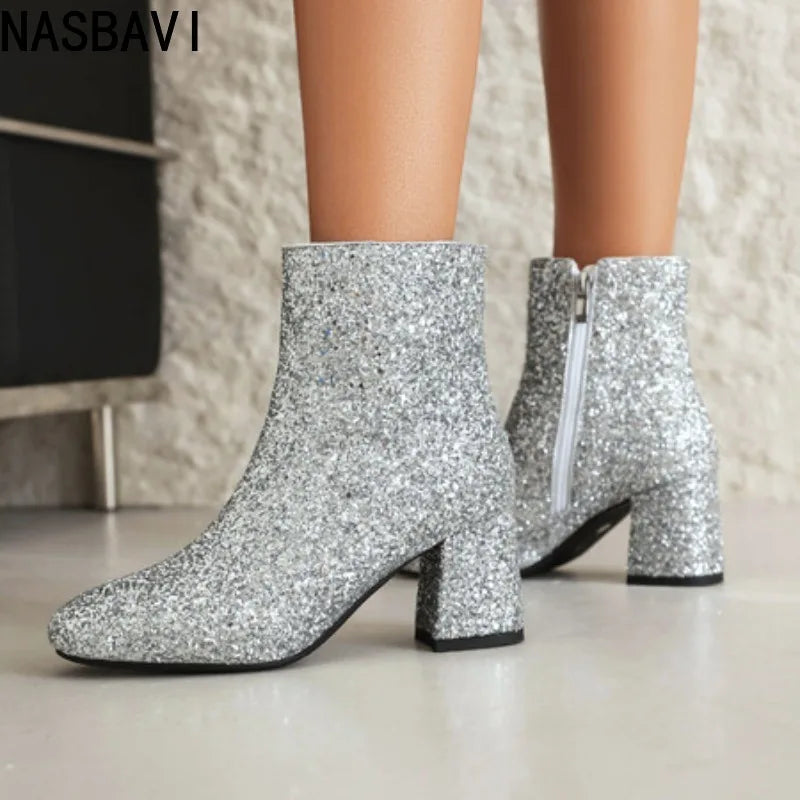 Luxury Women's Ankle Boots Gold Silver Black Short Boot Zipper Block Low Heels Dance Party Winter Shoes Lady Big Size 45 Brand