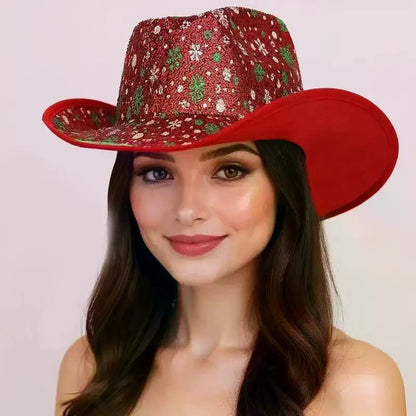 Chapeau de Cowboy de noël rouge, décoration du père noël, accessoires de fête de vacances, chapeau de Cowgirl à large bord, chapeau de Jazz