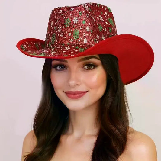 Chapeau de Cowboy de noël rouge, décoration du père noël, accessoires de fête de vacances, chapeau de Cowgirl à large bord, chapeau de Jazz