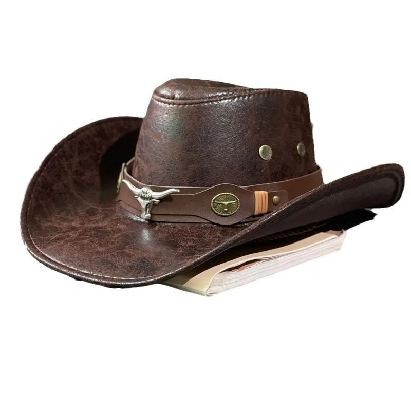 Fashion High Quality Retro Cow Head Decorate Western Cowboy Hat Faux Leather Gentleman Jazz Hats Men Panama Cowgirl Hat
