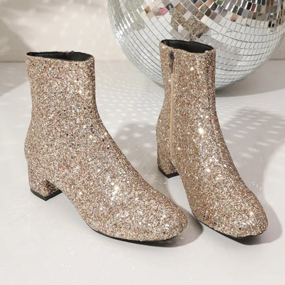 Glitter Fashion Sequins Boots Women Zipper Chunky Heel Women's Boots Round Toe Chunky Heels Ankle Boots Party Shoes for Women