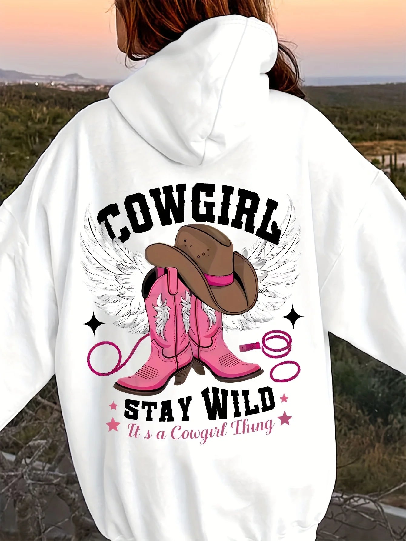 Western Chic Cowgirl Hoodie Soft Stretch Long Sleeve Pullover Sweatshirt with Hood Embroidered Cowboy Hat and Boots